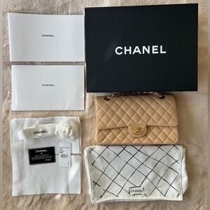 CHANEL Caviar Quilted Medium Double Flap Beige with golden hardware